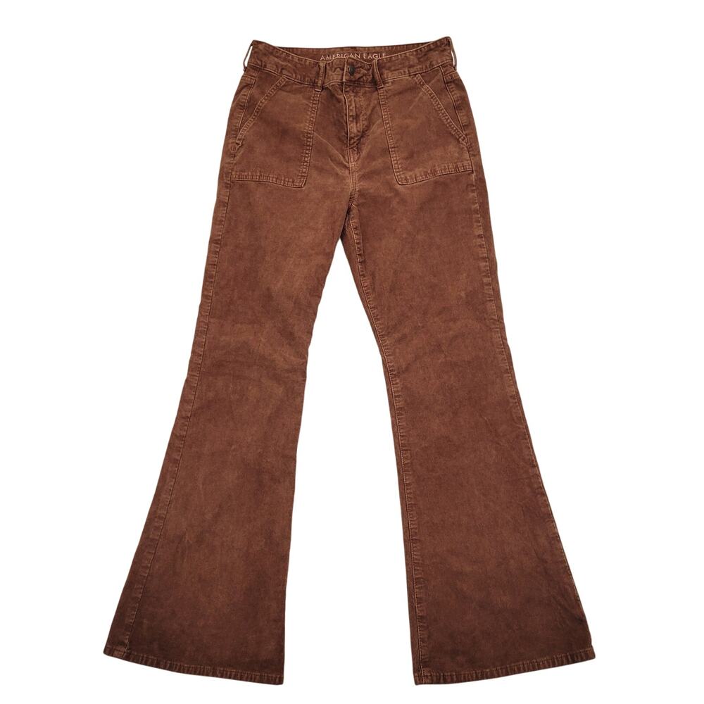 American Eagle Super Hi-Rise Flare Corduroy Pants 10 Brown Patch Pocket 70s Fall - Picture 2 of 10